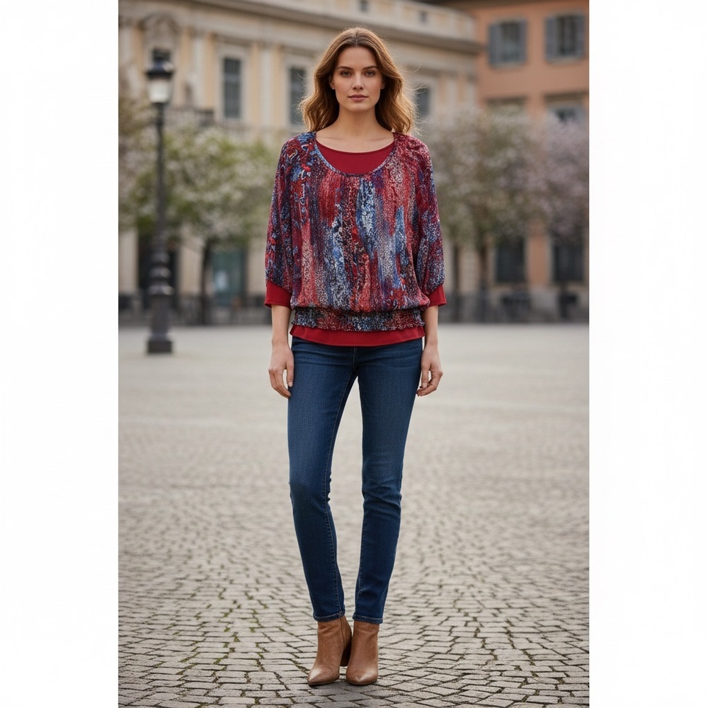 Northern reflections, red and blue floral abstract blouse size XL petite